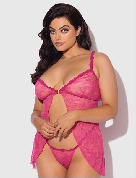 Yvone Lace Babydoll w/Front Closure & G-String 2 pc Set - Pink 3X/4X