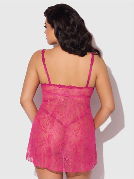 Yvone Lace Babydoll w/Front Closure & G-String 2 pc Set - Pink 3X/4X