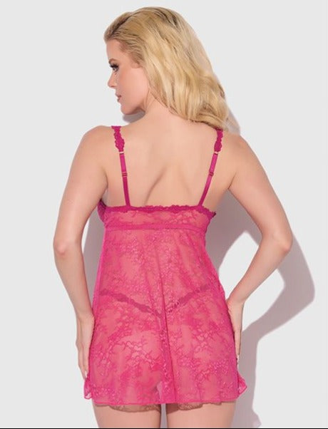 Yvone Lace Babydoll w/Front Closure & G-String 2 pc Set - Pink LG