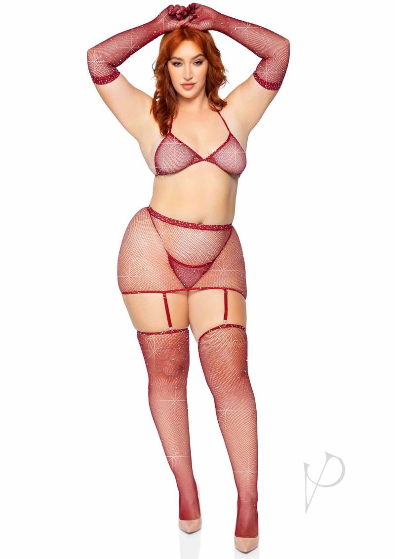 Leg Avenue Rhinestone Fishnet Garter Skirt Set with Bikini Top, G-String, Gloves and Matching Stockings (5 piece) - 1X/2X - Burgundy