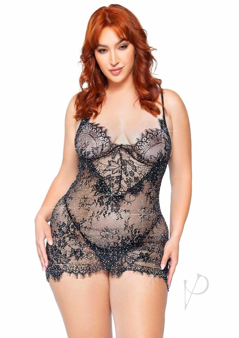 Eyelash Lace Rhinestone Backless Mini Dress and G-String (2 pieces) - 1X/2X - Black