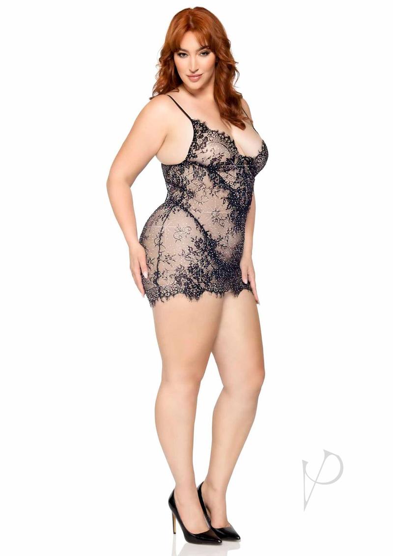 Eyelash Lace Rhinestone Backless Mini Dress and G-String (2 pieces) - 1X/2X - Black