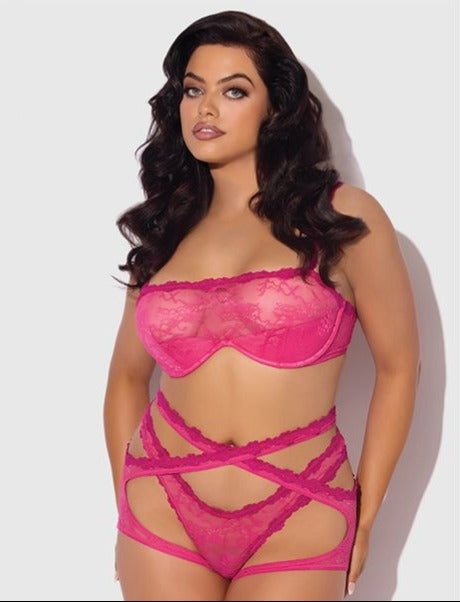 Yvone Lace Bra w/Removable Straps, Garter & Tanga Panty 3 pc Set - Pink 1X/2X