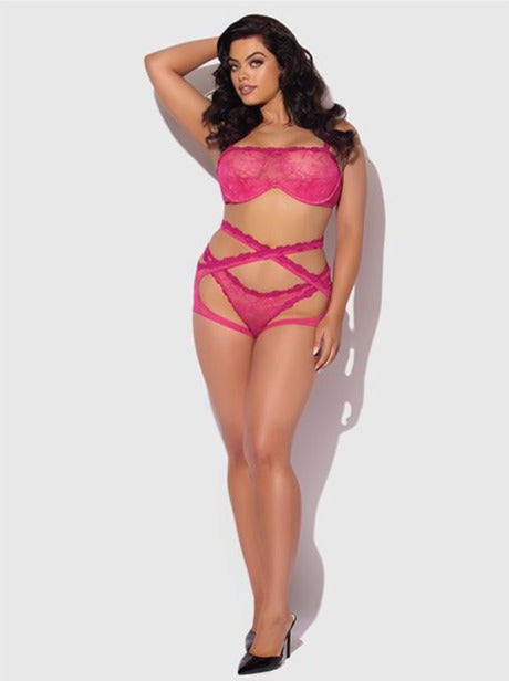 Yvone Lace Bra w/Removable Straps, Garter & Tanga Panty 3 pc Set - Pink 1X/2X