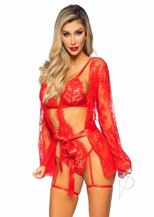 Leg Avenue Eyelash Lace Garter Teddy with G-String Back and Adjustable Straps, Lace Robe and Ribbon Tie (3 pieces) - Large - Red