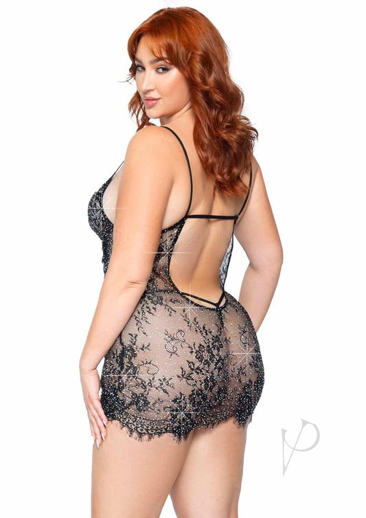 Eyelash Lace Rhinestone Backless Mini Dress and G-String (2 pieces) - 1X/2X - Black